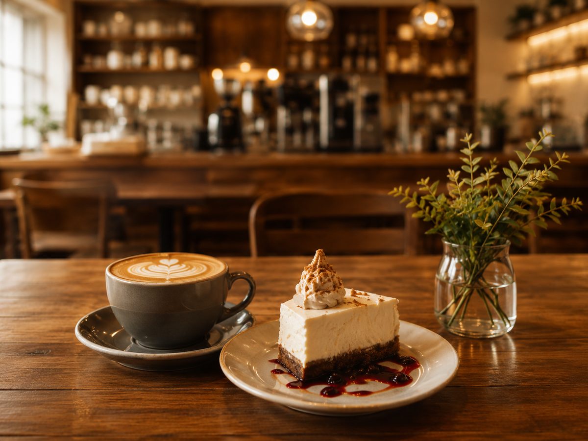 カフェラテとチーズケーキが並んだテーブル。丁寧に淹れられたコーヒー。