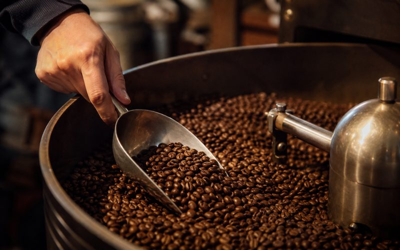 焙煎したてのスペシャルティコーヒー豆をすくう様子