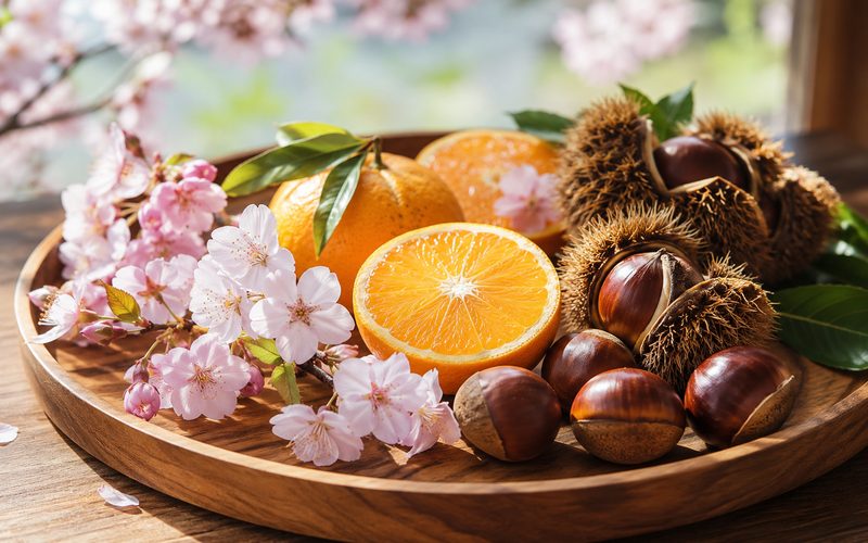 桜・柑橘・栗など季節の素材を盛り合わせた木のトレイ