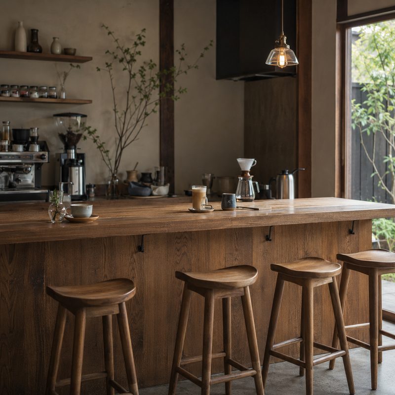 木のカウンター席とコーヒー器具