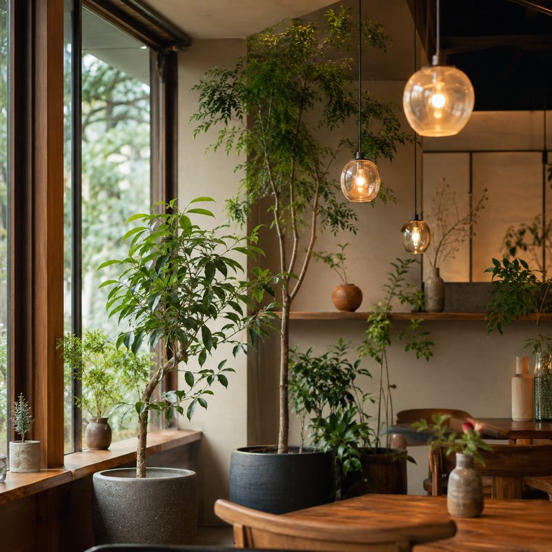 観葉植物とやわらかな照明のある店内