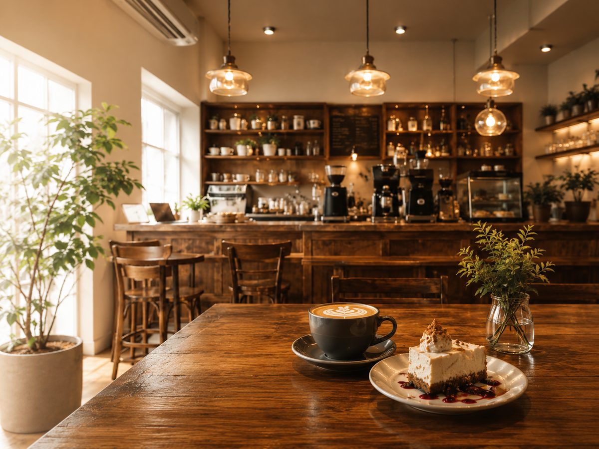 温かみのある木目調のLumière Cafeの店内。窓から自然光が差し込む落ち着いた空間。