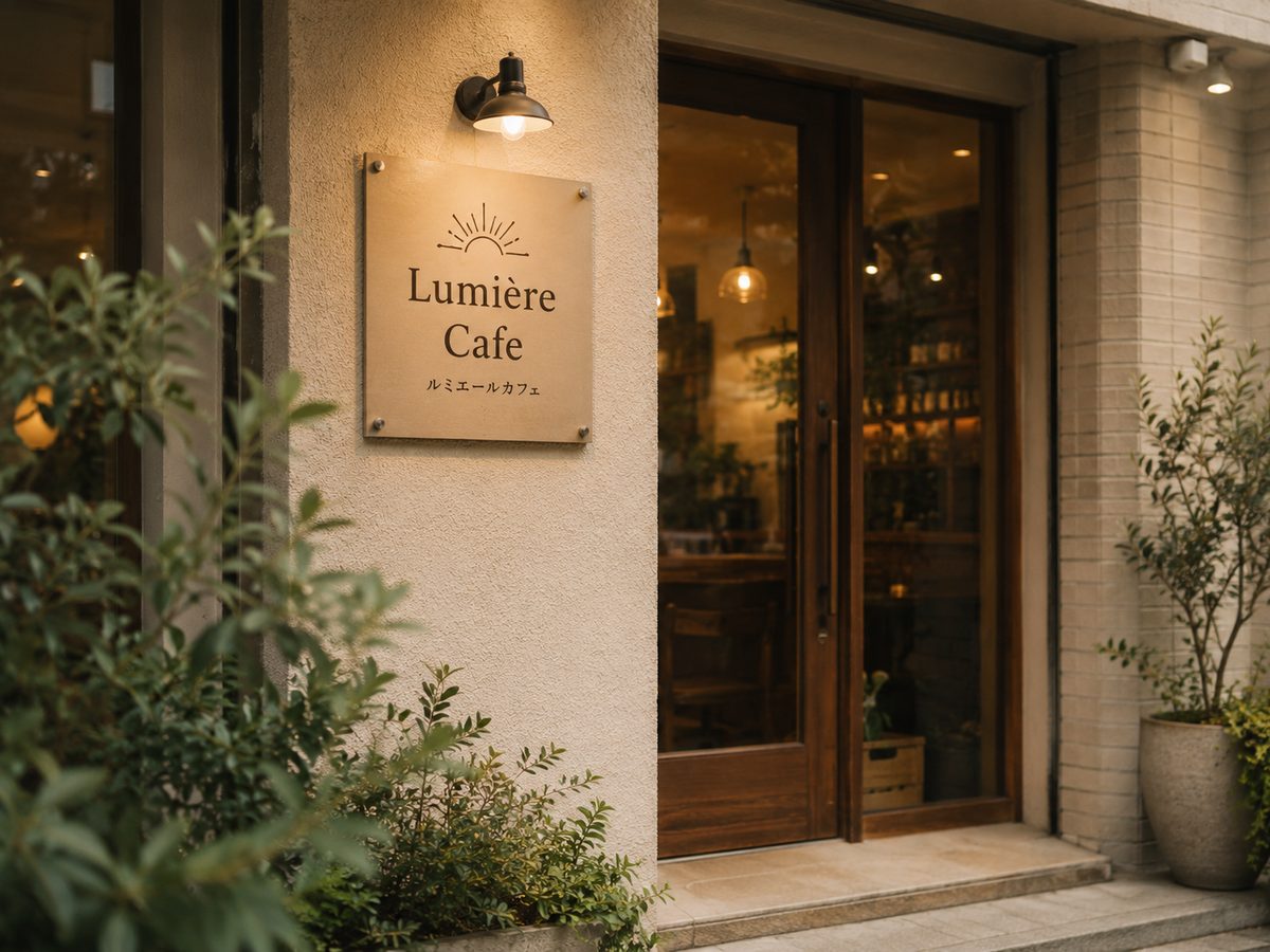 緑に囲まれた、温かみのあるLumière Cafeの外観と店舗サイン。