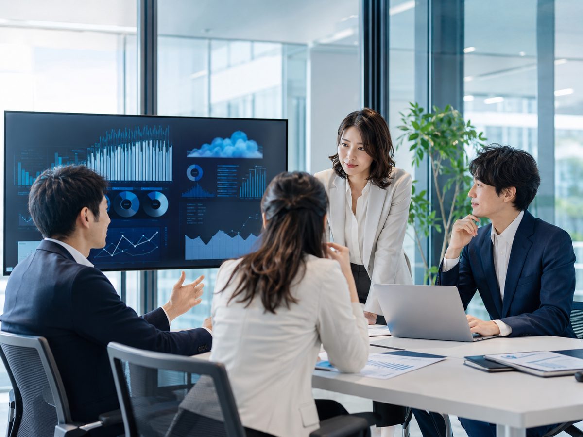 大型モニターのデータを見ながらDXを議論する打ち合わせ