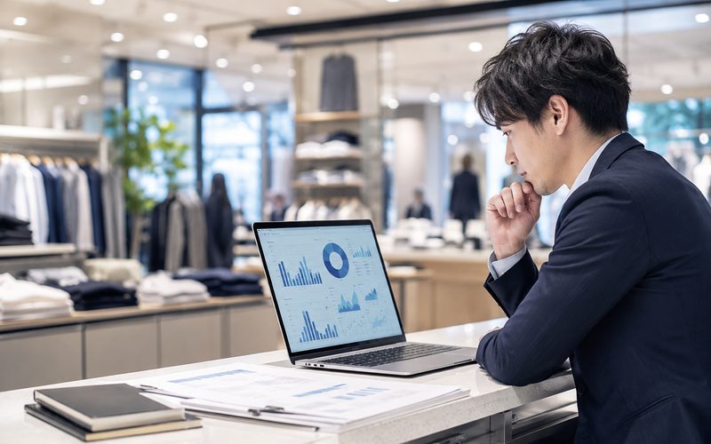 店舗でデータ分析画面を確認する様子