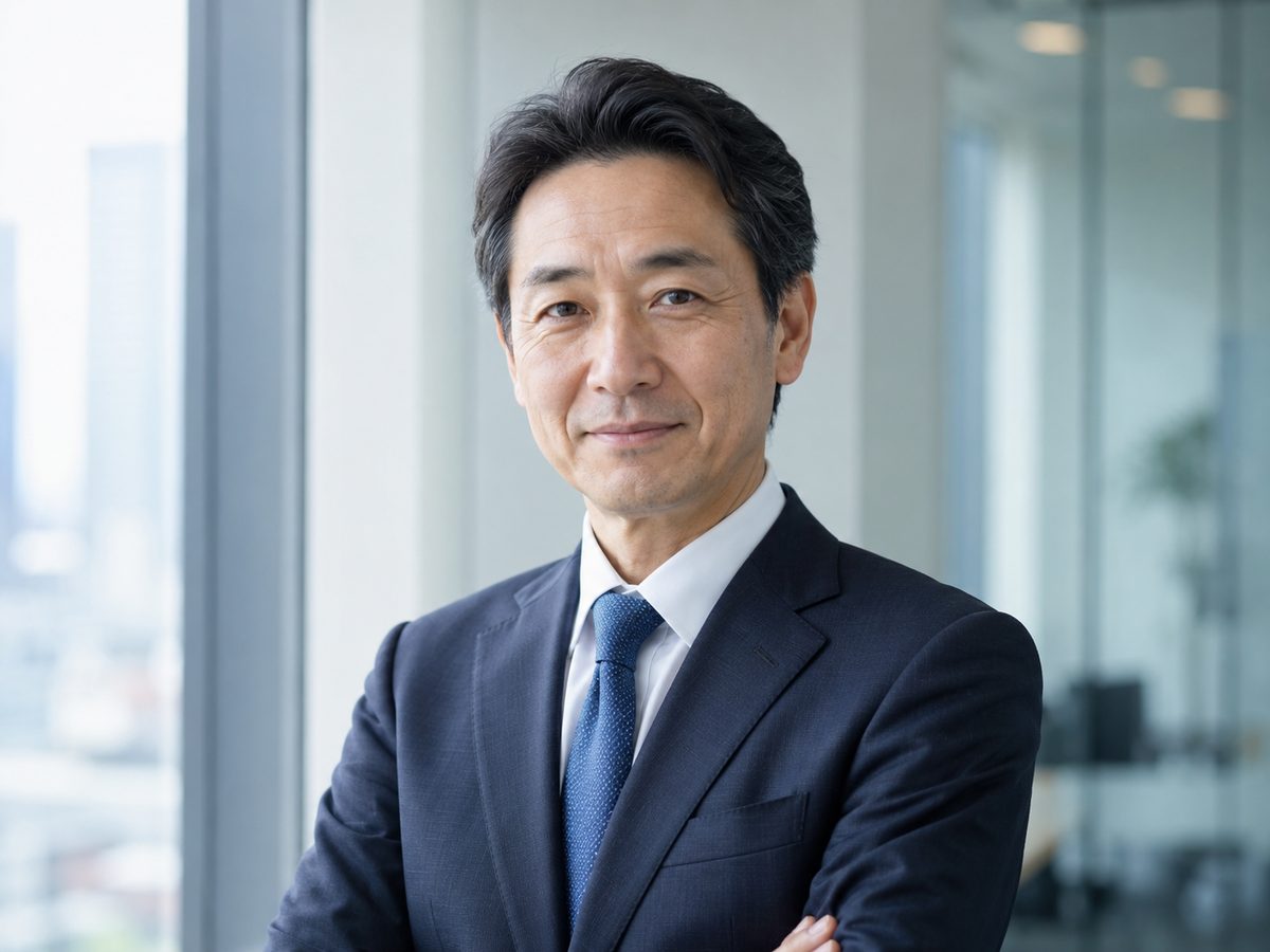 明るいオフィスで佇む代表取締役のポートレート