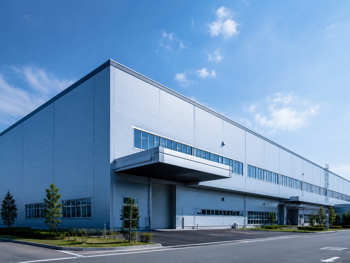 青空のもとに建つ山本製作所の本社工場の外観